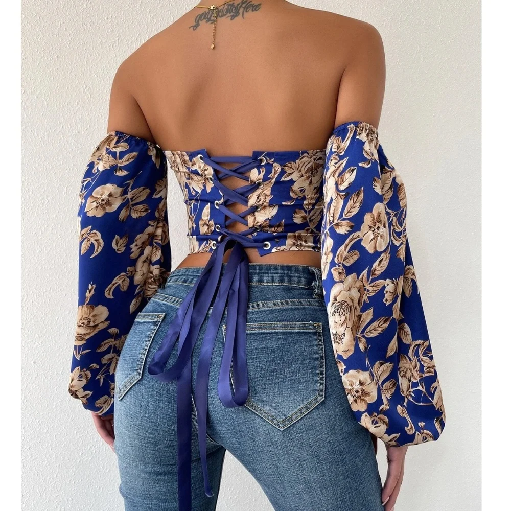 Boho Floral Print Lace up Off Shoulder Corset Top - Picture 8 of 15